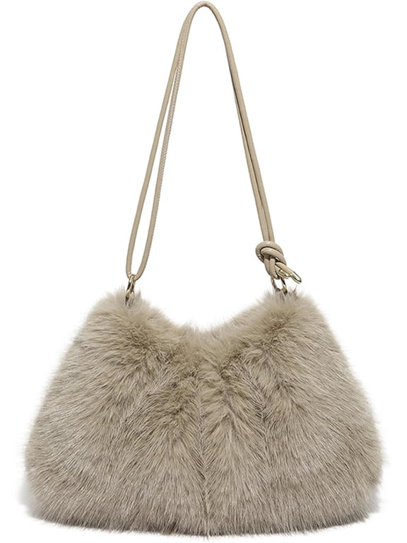 Women Faux Fur Shoulder Bag, Soft Fluffy Plush Hobo Handbag, Adjustable Knot Strap Crossbody Purse, Trendy Winter Casual Tote Bag for Daily Party