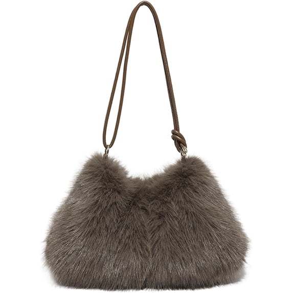 Sunyuer Women Faux Fur Shoulder Bag, Soft Fluffy Plush Hobo Handbag, Adjustable Knot Strap Crossbody Purse, Trendy Winter Casual Tote Bag for Daily Party