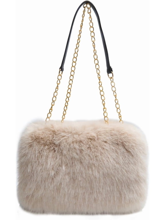 Women Fluffy Faux Fur Shoulder Bag, Large Capacity Plush Tote Handbag, Fashion Chain Strap Crossbody Purse, Winter Casual Furry Bag for Daily Party Travel