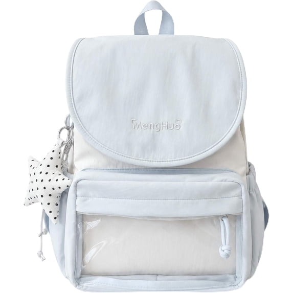 Sunyuer Women Kawaii Flap Ita Backpack, Large Capacity Clear Front Pocket Backpack with Star Charm, Lightweight Nylon Casual Daypack for School Travel