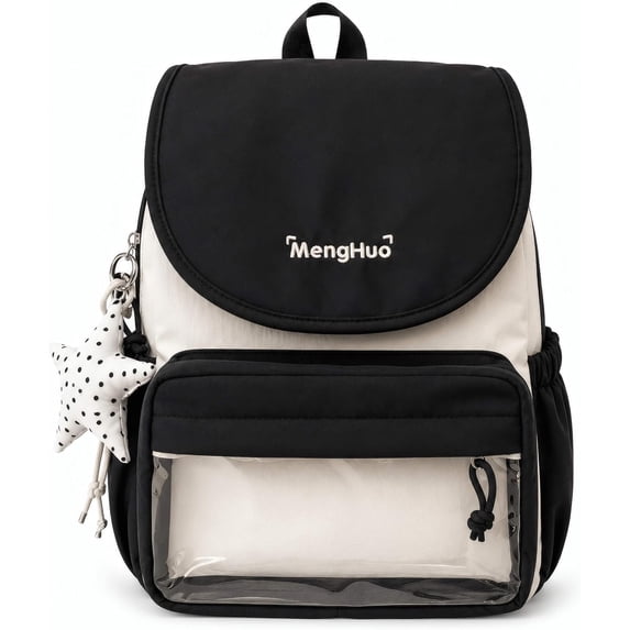 Sunyuer Women Kawaii Flap Ita Backpack, Large Capacity Clear Front Pocket Backpack with Star Charm, Lightweight Nylon Casual Daypack for School Travel