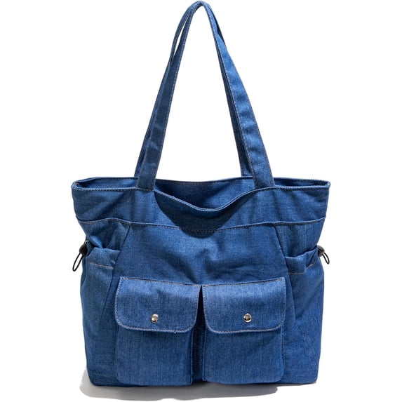 Sunyuer Women Large Capacity Denim Tote Bag, Multi Pocket Casual Canvas Shoulder Handbag, Soft Denim Work Commuter Tote Purse for Travel Shopping