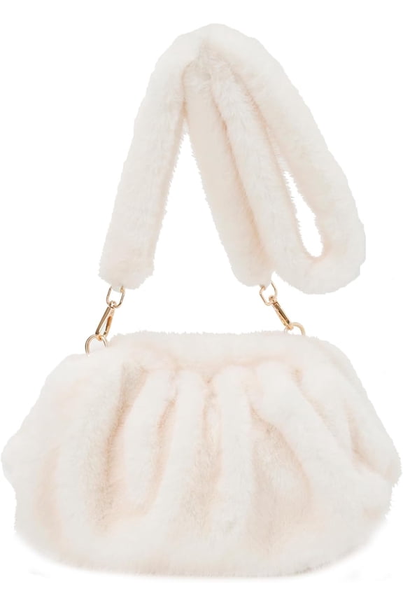 Women Luxury Faux Fur Ruched Cloud Bag, Soft Plush Shoulder Handbag, Detachable Plush Strap Crossbody Purse, Fall Winter Fashion Clutch Bag for Work Dating