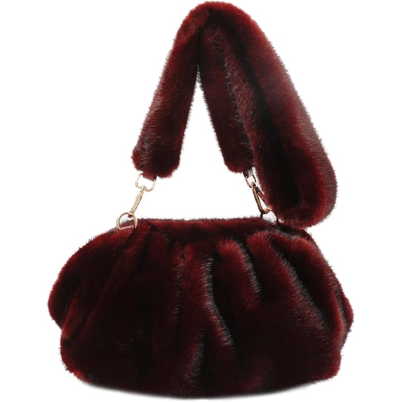 Sunyuer Women Luxury Faux Fur Ruched Cloud Bag, Soft Plush Shoulder Handbag, Detachable Plush Strap Crossbody Purse, Fall Winter Fashion Clutch Bag for Work Dating