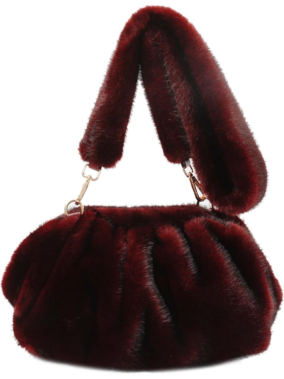 Women Luxury Faux Fur Ruched Cloud Bag, Soft Plush Shoulder Handbag, Detachable Plush Strap Crossbody Purse, Fall Winter Fashion Clutch Bag for Work Dating
