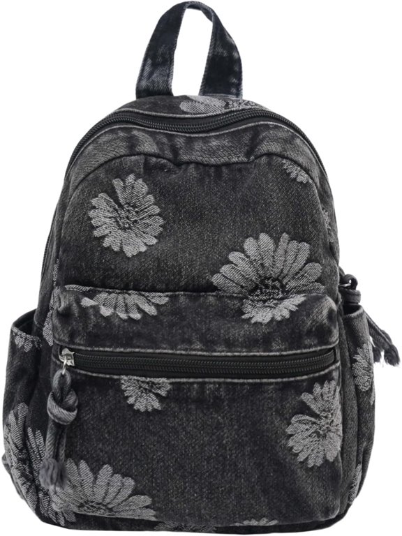 Women Mini Denim Backpack, Vintage Daisy Floral Embossed Small Backpack, Lightweight Casual Daypack, Multi‑Pocket Compact Shoulder Bag for Travel Shopping Daily Use