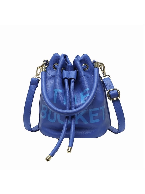 Women Mini Drawstring Bucket Bag, Letter Print PU Leather Handbag, Fashion Detachable Adjustable Strap Crossbody Shoulder Purse for Daily Travel