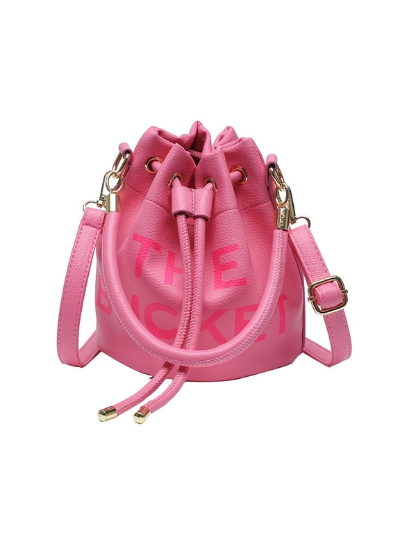 Women Mini Drawstring Bucket Bag, Letter Print PU Leather Handbag, Fashion Detachable Adjustable Strap Crossbody Shoulder Purse for Daily Travel