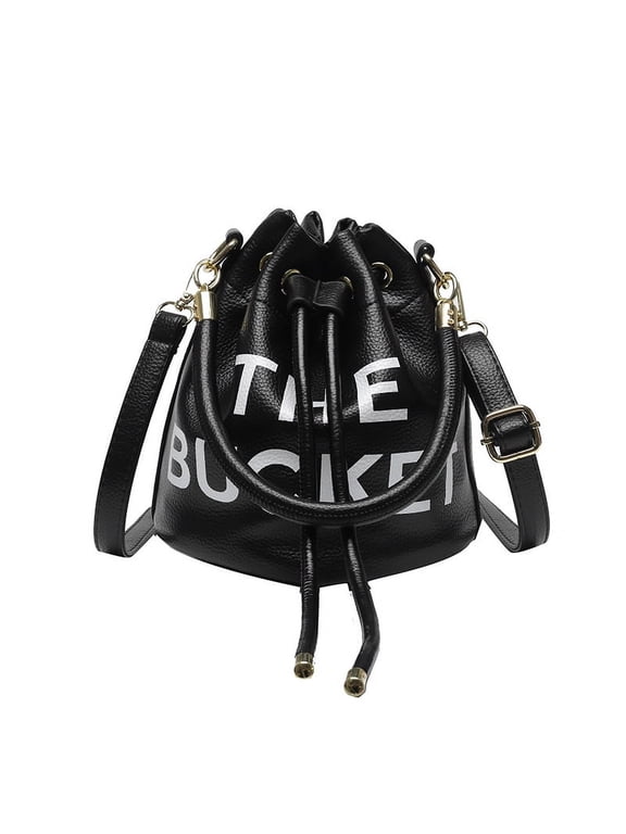 Women Mini Drawstring Bucket Bag, Letter Print PU Leather Handbag, Fashion Detachable Adjustable Strap Crossbody Shoulder Purse for Daily Travel