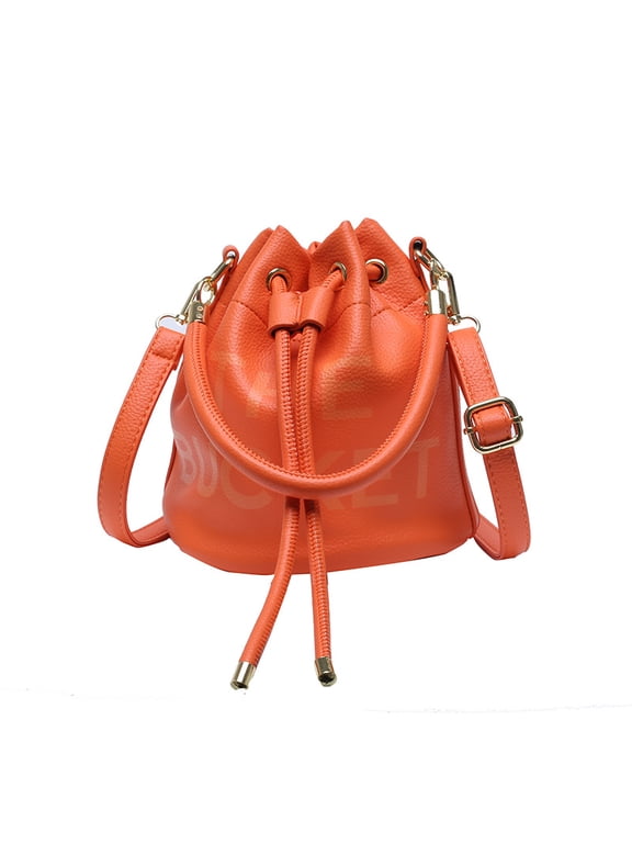 Women Mini Drawstring Bucket Bag, Letter Print PU Leather Handbag, Fashion Detachable Adjustable Strap Crossbody Shoulder Purse for Daily Travel