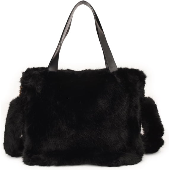 Sunyuer Women Soft Faux Fur Tote Bag, Large Capacity Fluffy Plush Shoulder Handbag with Detachable Plush Crossbody Strap, Fashion Zipper Shopper Tote Purse for Autumn Winter Daily Use