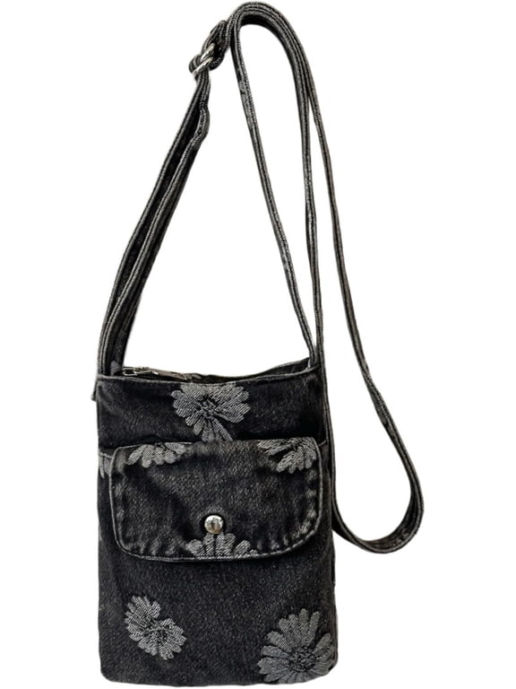 Women Vintage Denim Mini Crossbody Bag, Cute Daisy Floral Embroidery Cell Phone Purse, Lightweight Casual Shoulder Handbag with Adjustable Strap for Daily Travel Shopping