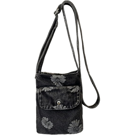Sunyuer Women Vintage Denim Mini Crossbody Bag, Cute Daisy Floral Embroidery Cell Phone Purse, Lightweight Casual Shoulder Handbag with Adjustable Strap for Daily Travel Shopping