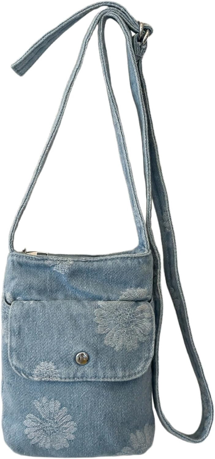 Sunyuer Women Vintage Denim Mini Crossbody Bag, Cute Daisy Floral Embroidery Cell Phone Purse, Lightweight Casual Shoulder Handbag with Adjustable Strap for Daily Travel Shopping