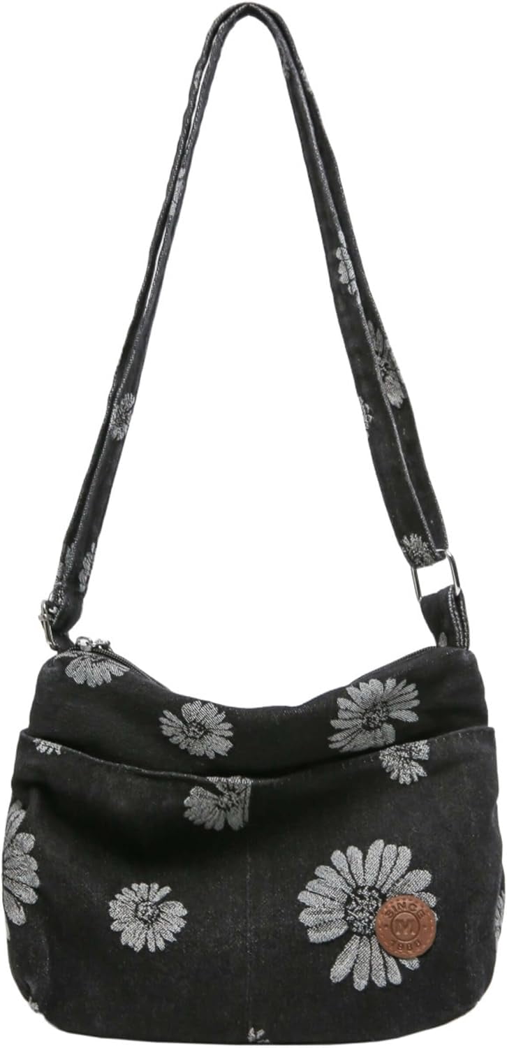 Sunyuer Women Vintage Floral Daisy Denim Crossbody Bag, Casual Lightweight Shoulder Handbag, Adjustable Strap Small Hobo Purse, Fashion Daily Commuter Messenger Bag for Shopping Travel