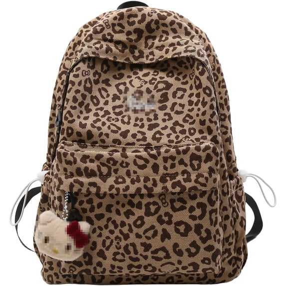 Sunyuer Women Vintage Leopard Print Canvas Backpack, Cute Lightweight Travel Daypack, Fashion Large Capacity School Backpack with Plush Pendant for Daily Use