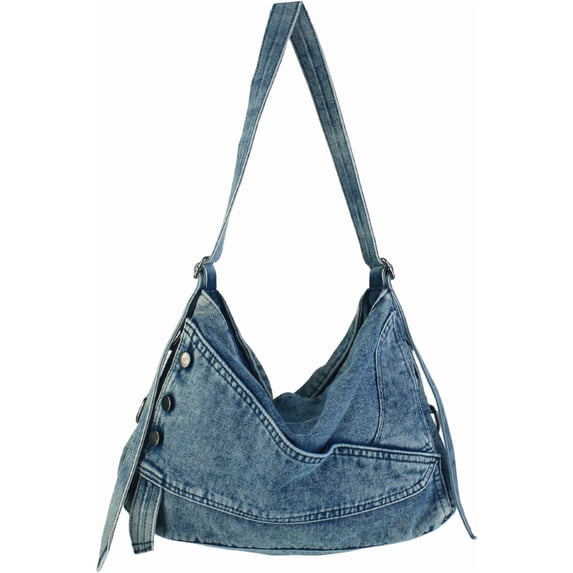 Sunyuer Women Vintage Washed Denim Hobo Bag, Large Capacity Commuter Shoulder Tote Handbag, Casual Retro Denim Crossbody Bag with Adjustable Strap for Work Travel Daily Use