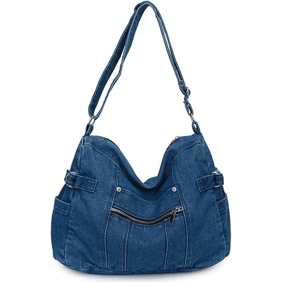 Sunyuer Women Vintage Washed Denim Hobo Bag, Large Capacity Multi Pocket Denim Crossbody Tote Purse, Daily Commuter Travel Shoulder Handbag