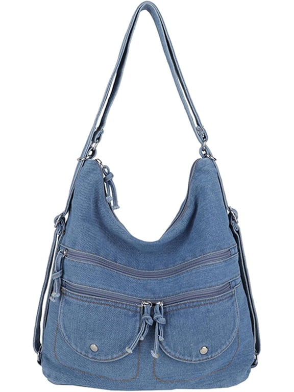 Women Vintage Washed Denim Hobo Bag, Multi Pocket Convertible Shoulder Tote, Casual Denim Crossbody Backpack with Adjustable Strap, Large Capacity Daily Shopper Handbag