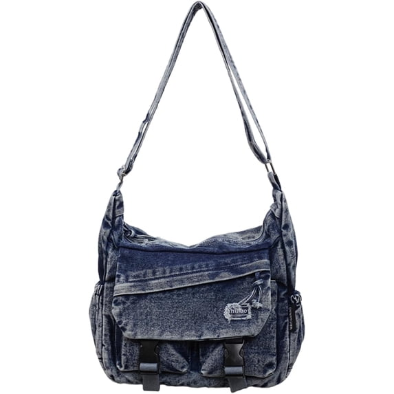 Sunyuer Women Vintage Washed Denim Messenger Bag, Large Capacity Casual Crossbody Shoulder Bag, Adjustable Strap Multi Pocket Fashion Denim Satchel Purse for Travel Daily Commute