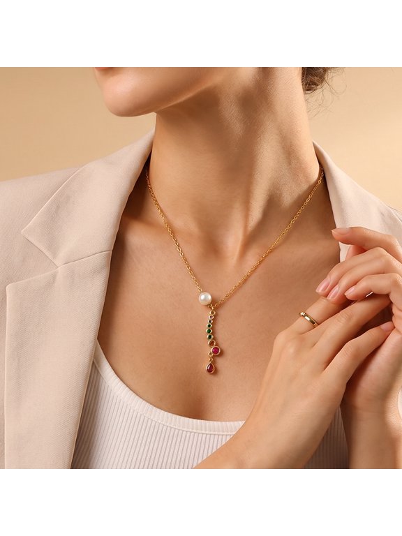 Womens Dainty Y-Shaped Stainless Steel Necklace, 18K Gold Plated with Freshwater Pearl & Multi-Color Round Teardrop Cubic Zirconia, Minimalist Luxury High-End Daily Jewelry
