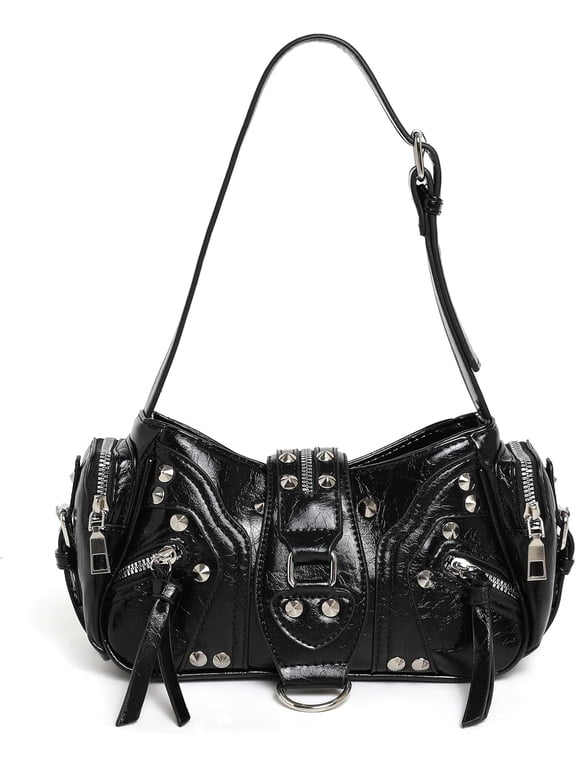 Y2K Rivet Shoulder Bag for Women, Vintage Crinkled PU Leather Underarm Handbag, Punk Studded Crossbody Purse, Fashion Adjustable Strap Biker Bag for Daily Commute