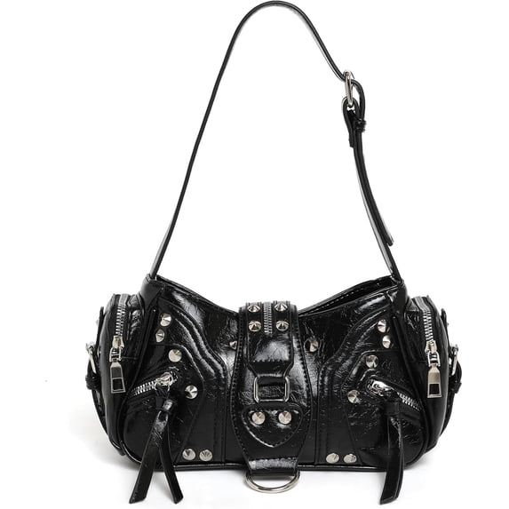 Sunyuer Y2K Rivet Shoulder Bag for Women, Vintage Crinkled PU Leather Underarm Handbag, Punk Studded Crossbody Purse, Fashion Adjustable Strap Biker Bag for Daily Commute