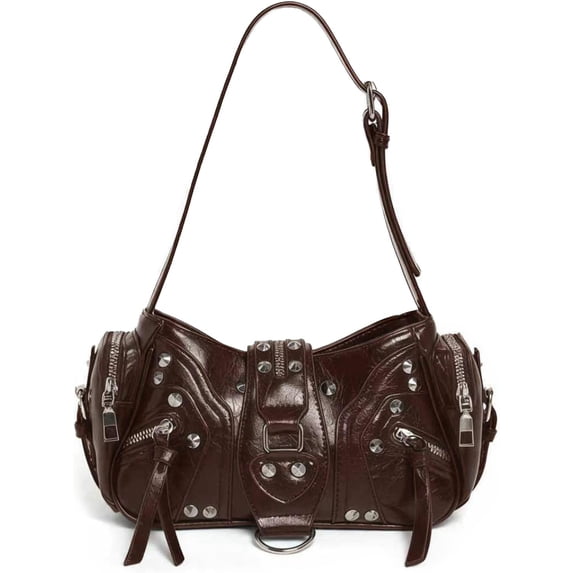 Sunyuer Y2K Rivet Shoulder Bag for Women, Vintage Crinkled PU Leather Underarm Handbag, Punk Studded Crossbody Purse, Fashion Adjustable Strap Biker Bag for Daily Commute