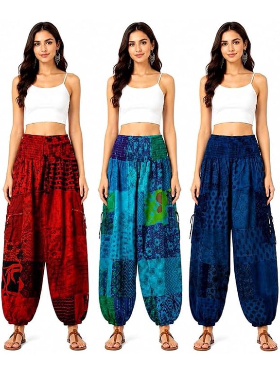 Pack of 03 Random Assorted Colors Women's Patchwork Cotton Harem Pants with Cargo Pockets