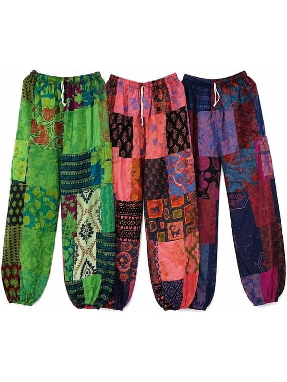 Women's Patchwork Cotton Harem Pants with Cargo Pockets | Boho Hippie Lounge Yoga Trousers | Elastic Waist 26-40 Inches | One Size | Handmade Patchwork