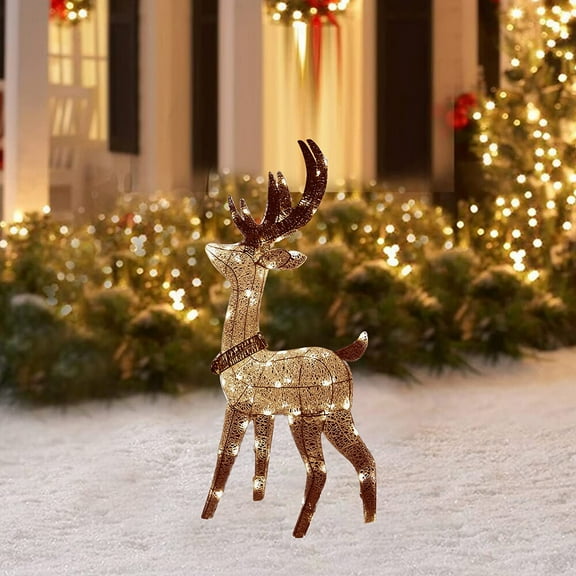 Dvkptbk 12 inch Christmas Deer Light Decor, Glittering Deer with Strip Lights, Pre-lit Christmas Reindeer LED Lights for Christmas Outdoor Patio Yard Garden Decoration