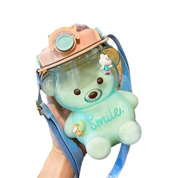 SuoKom Water Bottles with Straws, 34oz Cute Kawaii Bear Water Bottles, Leakproof Portable Water Jug with Adjustable Shoulder Strap, BPA Free, for School Supplies Travel