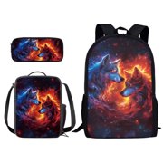 Suobstales Galaxy Wolf Pattern School Backpack Set of 3 with Lunch Box and Pencil Case, Kids Teens Primary Elementary Student Backpack Casual Daypack