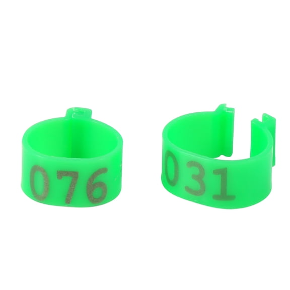 Suodoka 100PCS Numbered Plastic Poultry Leg Rings for Chickens Ducks Goose, 0.63 inches / 1.6 cm Inner Diameter Clip-on Bands for Identification, Coop Management Accessories for Farm, Green