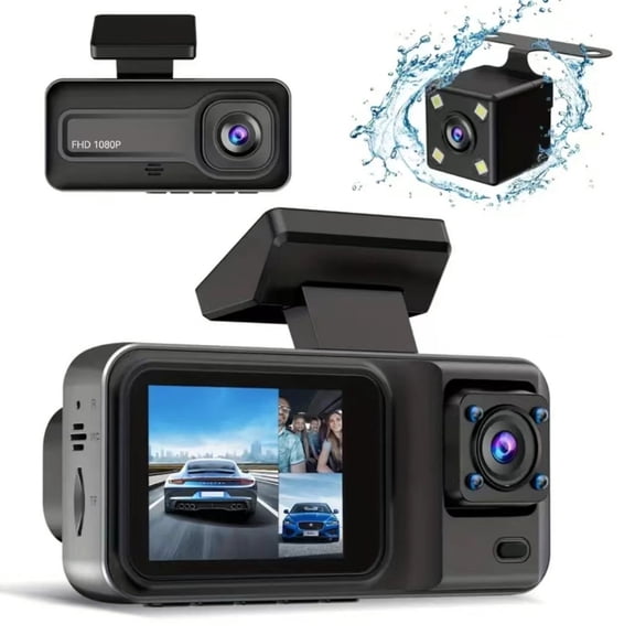 Suodoka 1080P Triple Dash Camera Front Inside Rear Car DVR Driving Recorder with 2 Inch IPS Screen 170 Degree Wide Angle Enhanced Night Vision Collision Locking Loop Recording Universal Fit Black
