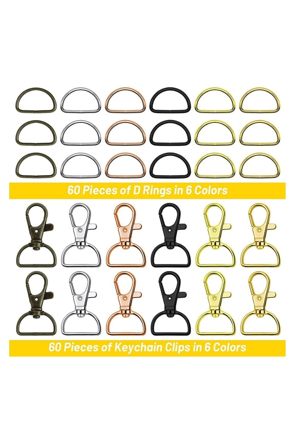 120pcs Snap Key Ring Clips Rotating D Shaped Metal Lanyard Hook Ring Hardware Fasteners for Pet Collar Backpack Handbag Assorted Colors