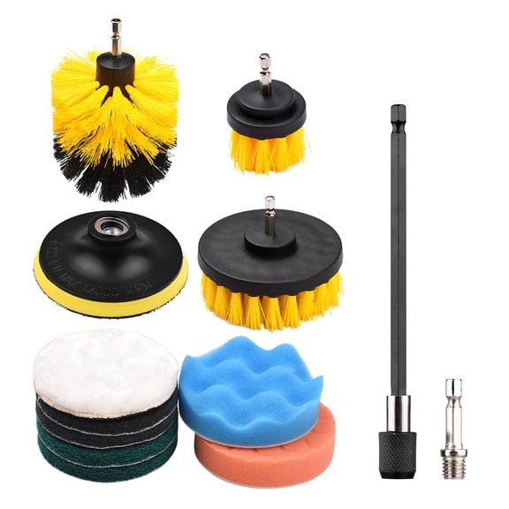 Suodoka 12PCS/SET Electric Drill Brush Scrub Pads Kit Power Scrubber Cleaning Kit For Carpet Glass Car Clean, Soft Nylon Bristle Brushes With Extension Rod, Multi-Surface Scourer Set[cite: 1]