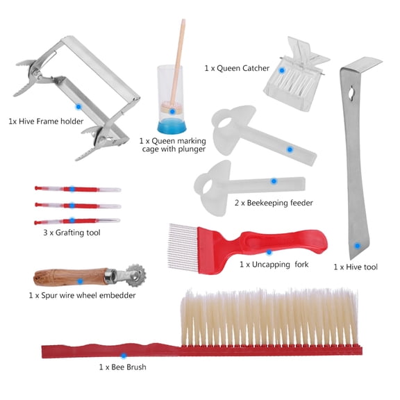 Suodoka 12Pcs Beekeeping Tools Kit Stainless Steel Hive Tool Set with Bee Brush, Uncapping Fork, Queen Catcher, Frame Holder, and Feeders (17.7 inches / 45 cm)