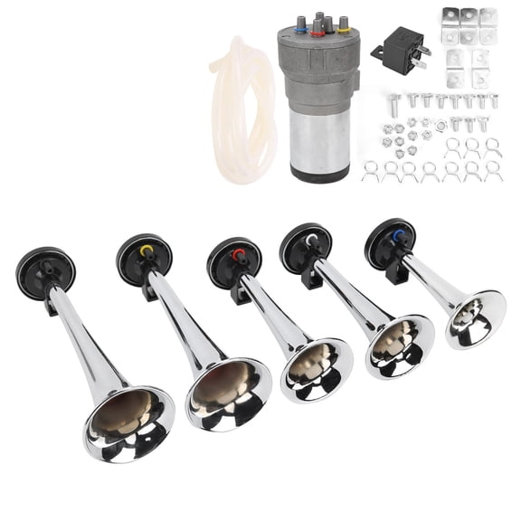 Suodoka 12V 5 Trumpet Air Horn Set with Compressor Chrome Automotive Replacement for Car Truck Train Van Boat, Heavy Duty 150dB Super Loud Air Raid Siren Horn Kit for 12V Vehicles