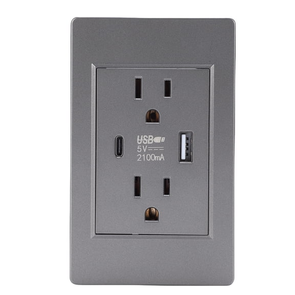 Suodoka 15A Decorator Receptacle Grey Duplex Electrical Wall Outlet with USB and Type C Charging Ports, Standard Power Socket with Wall Plate, 100-240V Receptacle for Home and Office Use