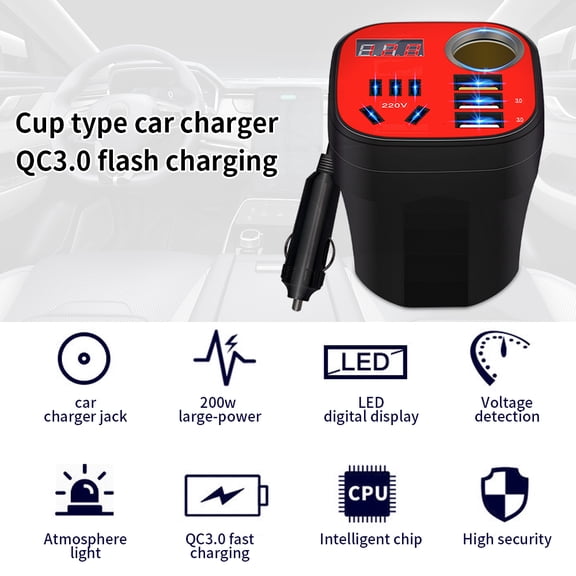 Suodoka 200W Car Power Inverter Converter 12V 24V to 220V with QC 3.0 Fast Charging Port Intelligent Digital Display 5 in 1 Cup Holder Design for Sedan Truck RV
