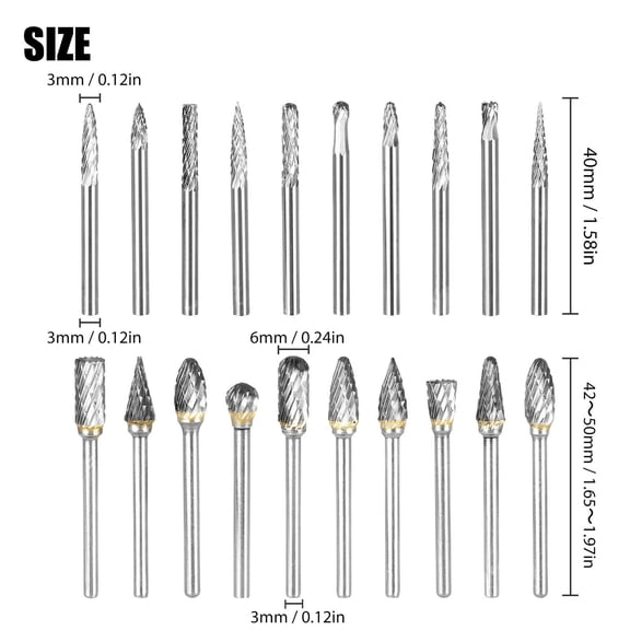Suodoka 20Pcs Carbide Rotary Tools Tungsten Carbide Double Cut Head Shank 1/8 Inch Machining Deburring Polishing Carving Precision Metal Wood Stone Engraving Tool Set with Storage Box