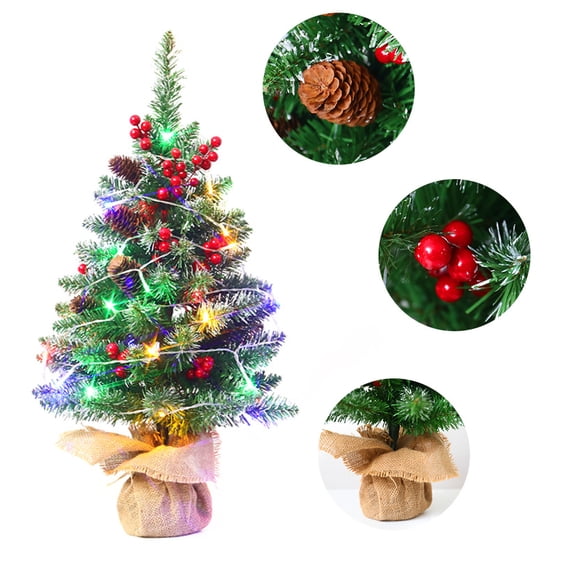 Suodoka 24 Inches / 60cm Large Mini Christmas Tree Battery Operated Artificial Prelit Tabletop Christmas Tree with Colorful String Light Berries Pine Cone for Home Holiday Decorations