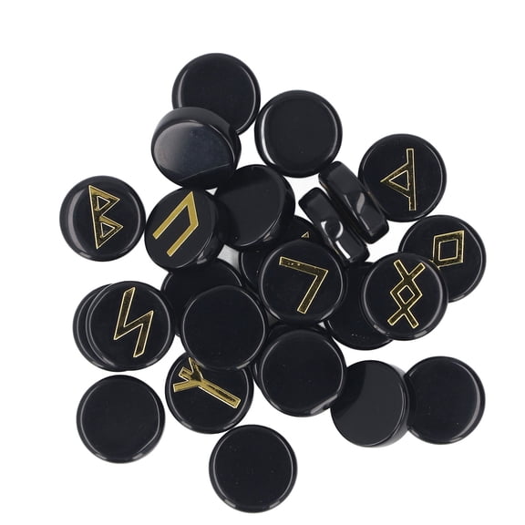 Suodoka 25Pcs Rune Stone Set Natural Black Obsidian Crystal for Witch Beginners Witchcraft Divination Meditation Spiritual Energy Support, 5.12 inches / 13 cm
