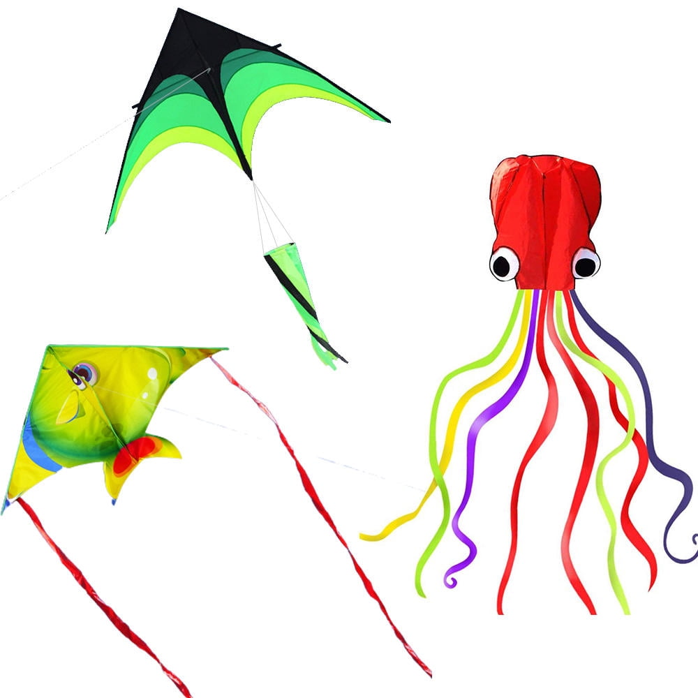 Suodoka 3-Piece Delta Kite Set – Tropical Fish & Octopus Kites, Lightweight, Vibrant Colors, Easy Setup for All Ages
