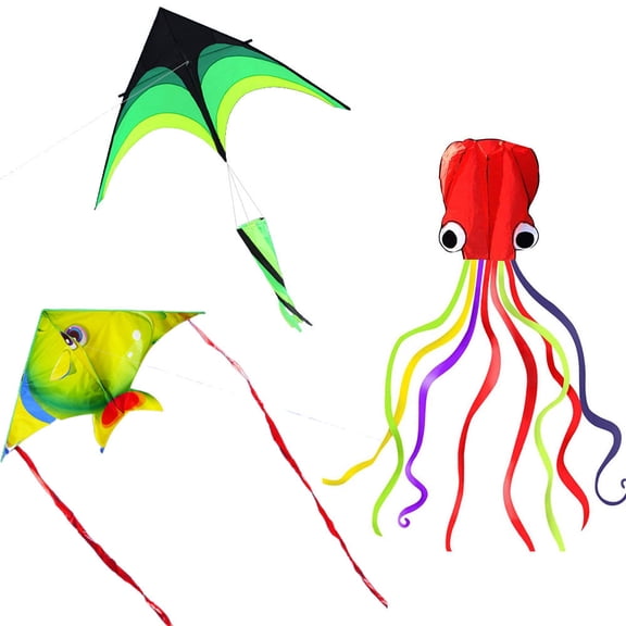 Suodoka 3-Piece Delta Kite Set Tropical Fish & Octopus Kites, Lightweight, Vibrant Colors, Easy Setup for All Ages