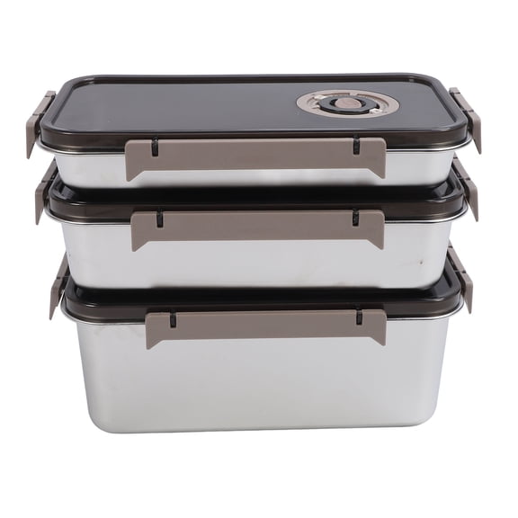 Suodoka 3-Piece Stainless Steel Food Storage Containers Set, Airtight Square Fridge Crisper Boxes with Lids, Microwave Safe High Capacity Meal Prep Jars for Kitchen Organization, Silver
