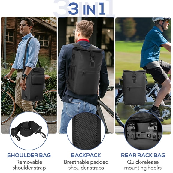 Suodoka 3-in-1 Waterproof Bike Pannier Bicycle Rear Rack Bag Backpack Shoulder Bag Outdoor Cycle Commuting Pack with Laptop Compartment Black