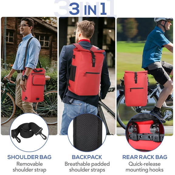 Suodoka 3-in-1 Waterproof Bike Pannier Bicycle Rear Rack Bag Backpack Shoulder Bag Outdoor Cycle Commuting Pack with Laptop Compartment Red