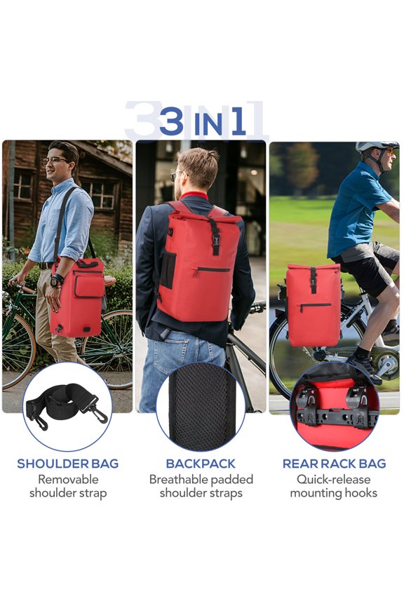 3-in-1 Waterproof Bike Pannier Bicycle Rear Rack Bag Backpack Shoulder Bag Outdoor Cycle Commuting Pack with Laptop Compartment Red